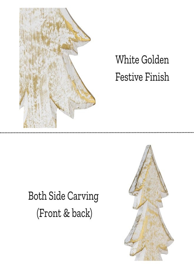 Mie Creations Christmas Tree Set of 2 Figurines, X Mas Decorations for Home, Living Room, Table Centerpiece, Mantel, Winter Holidays Decor, Shabby Chic White & Gold Wooden Christmas Trees-12,10 inch - Image 4